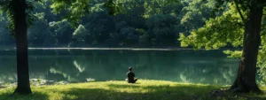 a person sitting peacefully by a tranquil lake, practicing heartmath breathing techniques for stress relief.