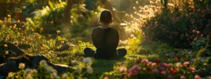 a person sitting peacefully in a tranquil garden, surrounded by blooming flowers and calming greenery, practicing heartmath techniques for ptsd relief.