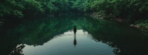 a person standing at the edge of a tranquil lake, surrounded by lush green trees, reflecting on the core principles of psych-k.