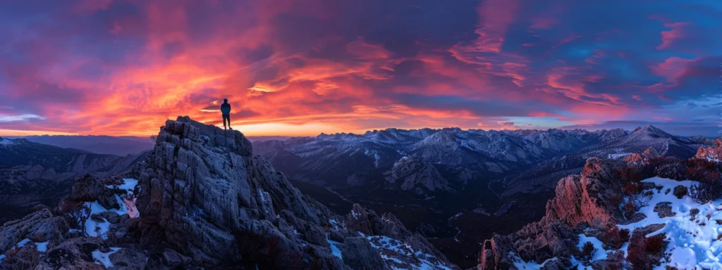 a person standing confidently on top of a mountain peak under a colorful sunrise sky, symbolizing the potential unlocked through psych-k for wellbeing.