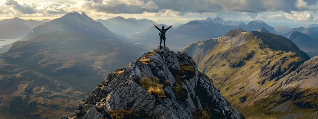 a person standing confidently on top of a mountain, with arms outstretched towards the sky, embodying strength and empowerment after a psych-k session.