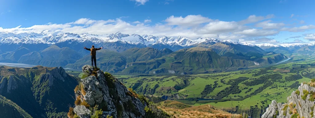 a person standing on top of a mountain with arms outstretched, surrounded by a breathtaking landscape of lush green valleys and snow-capped peaks.