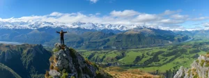 a person standing on top of a mountain with arms outstretched, surrounded by a breathtaking landscape of lush green valleys and snow-capped peaks.