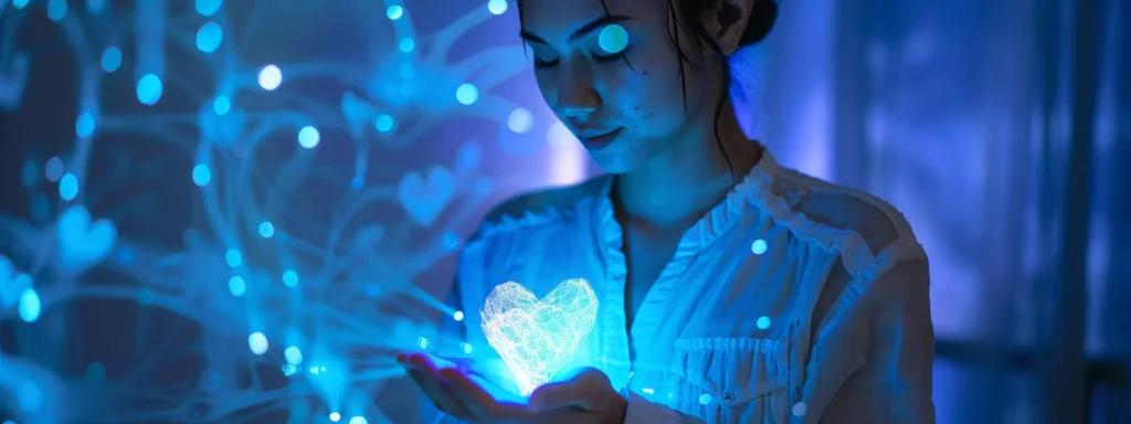 a person surrounded by calming blue light, holding a heart-shaped sensor while practicing heartmath techniques to manage ptsd symptoms.