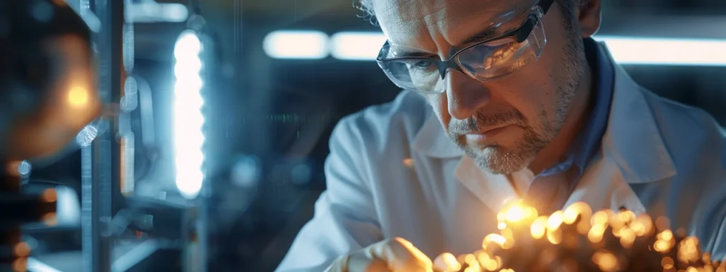 a scientist observing a shimmering rudraksha bead under a glowing electromagnetic field in a dimly lit research laboratory.