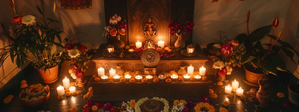 a serene altar adorned with fresh flowers and glowing candles, with a beautiful six mukhi rudraksha placed at the center.