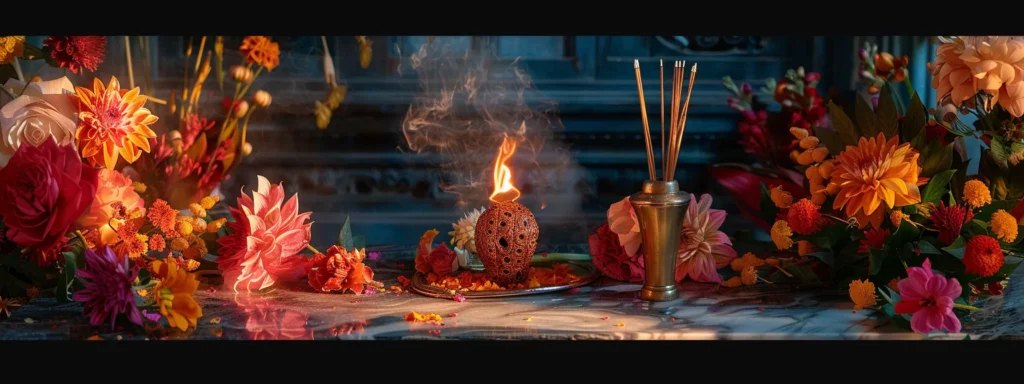 a serene altar with a glowing eight mukhi rudraksha bead surrounded by flowers and incense sticks.