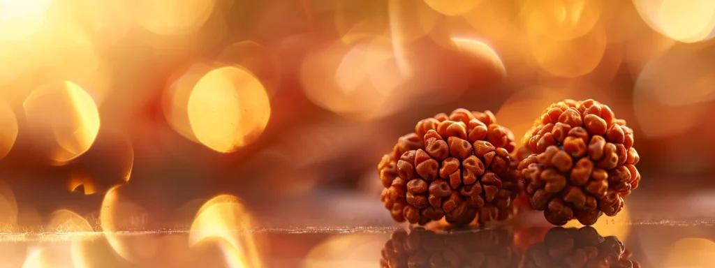 a serene close-up of a two-faced rudraksha bead, emanating a calming aura in soft, natural lighting.