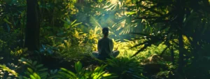 a serene individual surrounded by lush greenery and calmly practicing heartmath techniques to reduce stress.