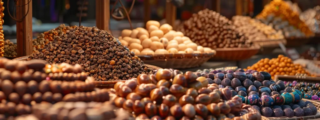 a serene marketplace display showcasing genuine seventeen mukhi rudraksha beads.