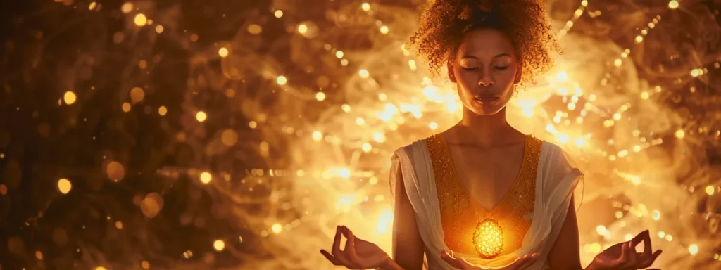 a serene meditator surrounded by a halo of calming energy, holding a radiant five mukhi rudraksha bead.