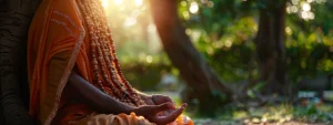 a serene meditator wearing a string of sacred rudraksha beads while deep in meditation under a bodhi tree.