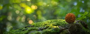 a serene photo of a rare, intricate twenty mukhi rudraksha bead displayed against a backdrop of a lush green forest, symbolizing the connection between nature and ancient wisdom.