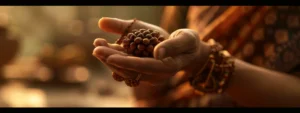 a serene setting with a person gently placing a shimmering fourteen mukhi rudraksha bead around their neck.