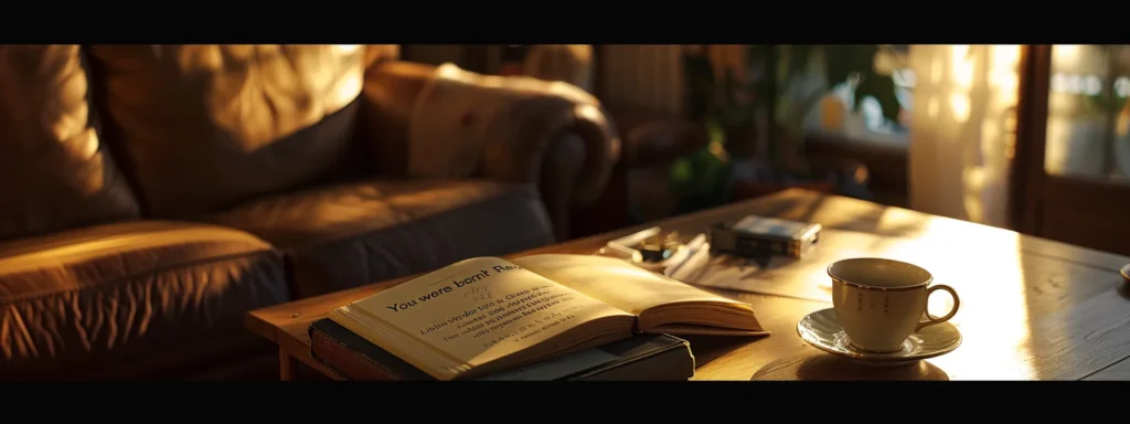 a serene, sunlit room featuring a golden journal, a cup of coffee, and a book titled "you were born rich" open to a marked page.