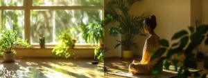 a serene, sunlit room with a person peacefully practicing heartmath techniques, surrounded by soothing nature-inspired decor.