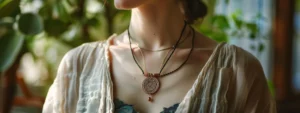 a serene woman wearing an eleven mukhi rudraksha pendant, radiating spiritual energy and inner peace.