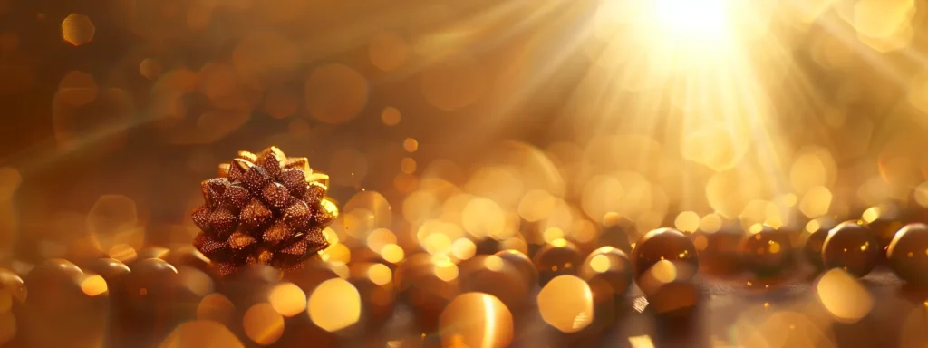 a shimmering thirteen-faced rudraksha bead gleaming under soft, golden light.