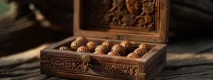 a small, intricately carved wooden jewelry box showcasing ten lustrous mukhi rudraksha beads resting inside, bathed in soft natural light.