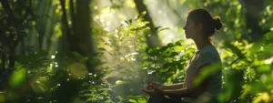 a woman meditating peacefully in a serene forest, surrounded by vibrant green foliage and soft sunlight filtering through the trees.