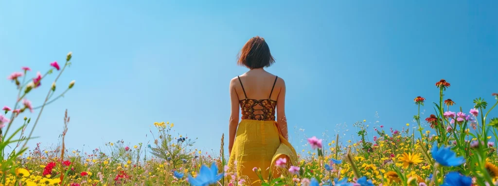 a woman standing confidently in a field of vibrant wildflowers, looking up at a clear blue sky with a sense of peace and healing.