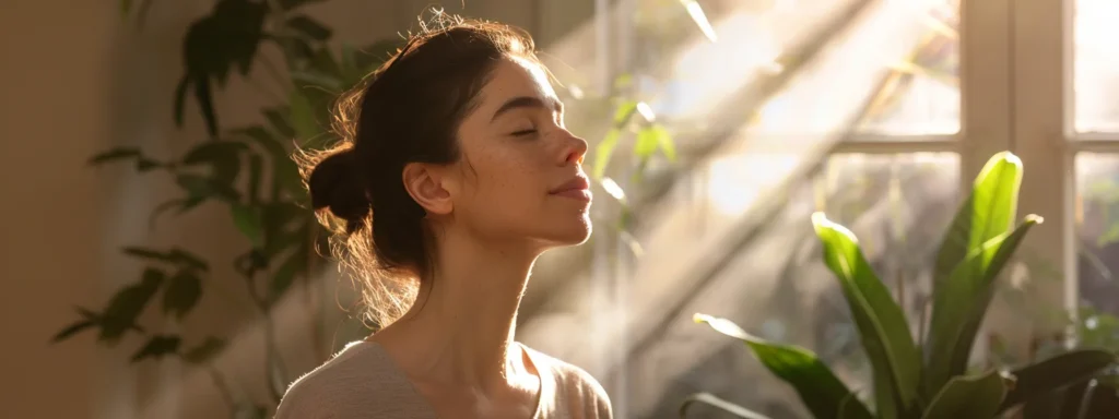 a woman standing in a beam of golden sunlight, radiating inner peace and vitality after unlocking health benefits with psych-k techniques.