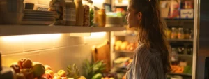 a woman standing in front of a brightly lit mirror, swapping her unhealthy snacks for fresh fruit in a well-organized pantry, illustrating the process of habit formation.