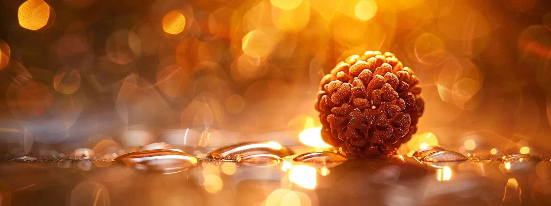 a close-up shot of a shimmering rudraksha bead surrounded by soft, glowing energy, symbolizing its powerful healing properties and connection to spiritual energy flow.