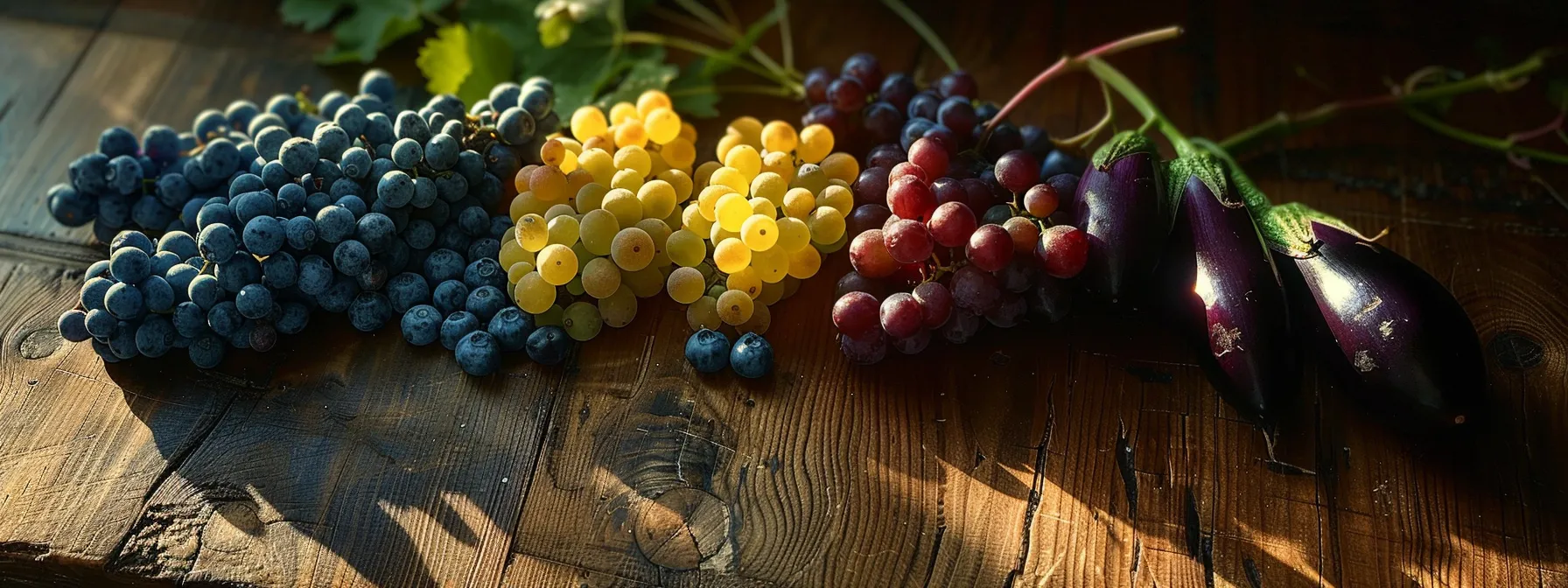 a colorful spread of blueberries, blue corn, eggplant, and purple grapes on a wooden table, symbolizing balance and energy alignment.