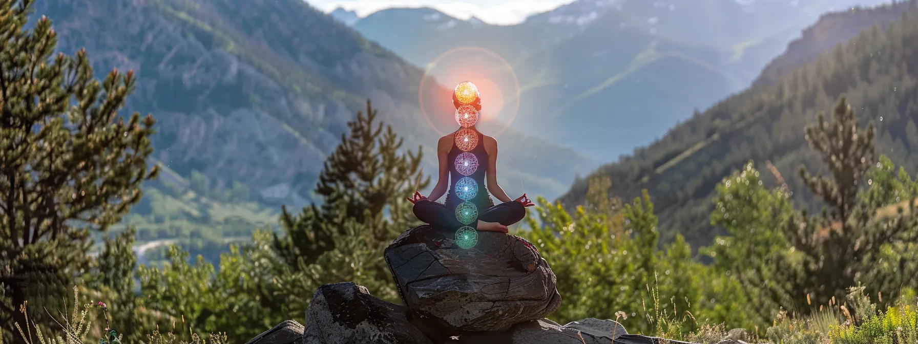 a person in a serene mountain setting, practicing yoga poses specific to each chakra, embodying strength and balance.