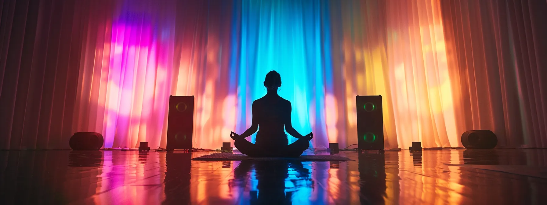 a person seated in a tranquil room surrounded by soft music, visualizing and affirming positive energy flowing through their chakras during meditation.