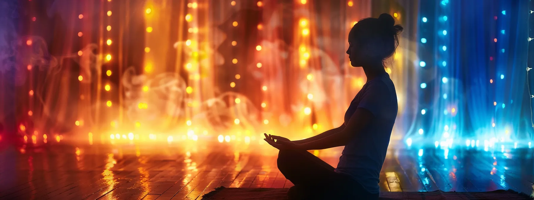 a person seated in a peaceful meditation pose, surrounded by soft glowing lights representing each chakra, with a serene expression on their face.