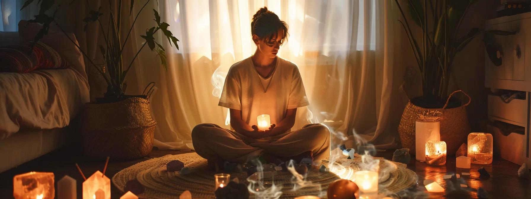 a person sitting cross-legged in a serene, candlelit room, surrounded by crystals and incense, crafting affirmations infused with magical intentions.