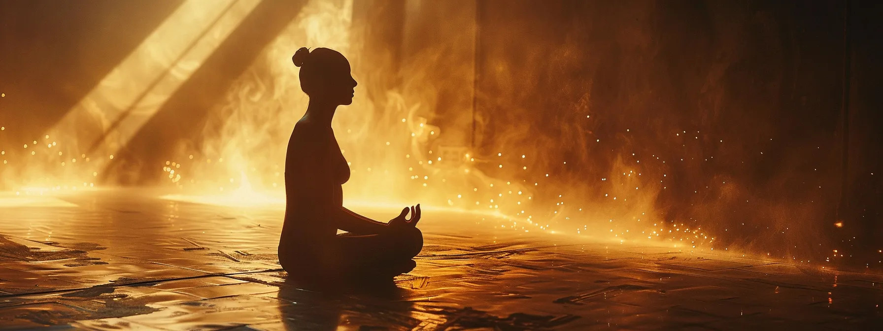 a person sitting cross-legged in deep concentration, surrounded by a soft, glowing aura of energy, as they practice controlled breathing to awaken their kundalini energy.