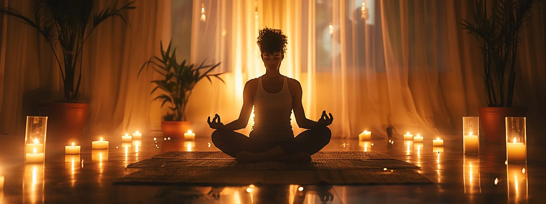 a person sitting cross-legged in a tranquil room, eyes closed, surrounded by flickering candle lights, meditating deeply to overcome challenges in chakra meditation.