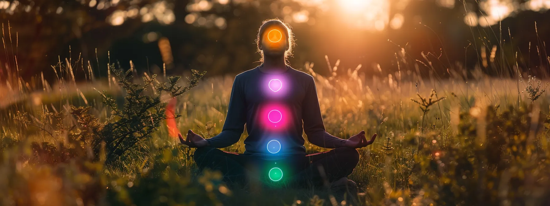 a person sitting in a peaceful meadow, eyes closed, surrounded by colorful glowing chakras floating above their body as they meditate.