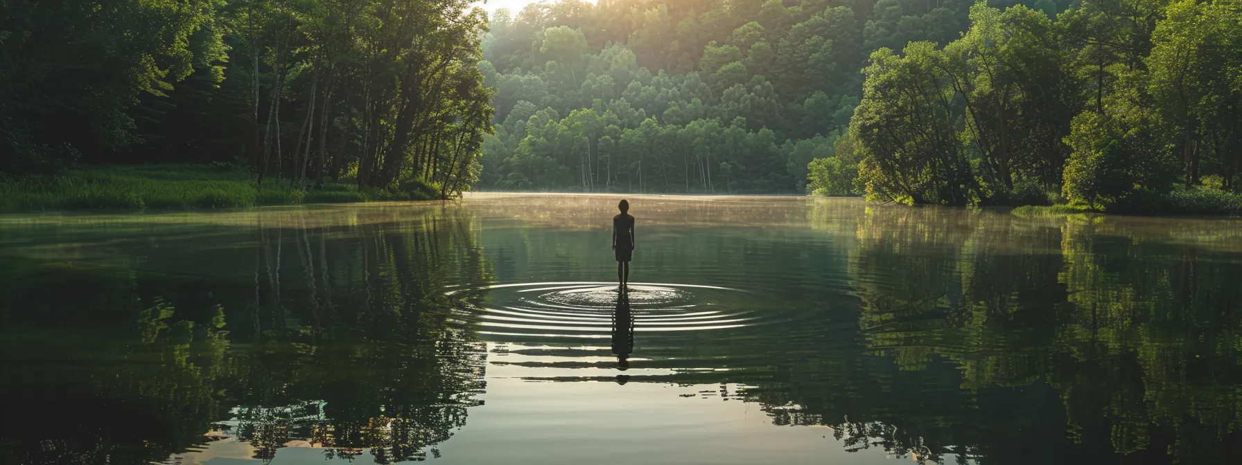 a person standing at the edge of a serene lake, reflecting on their personal growth journey during a kundalini awakening.