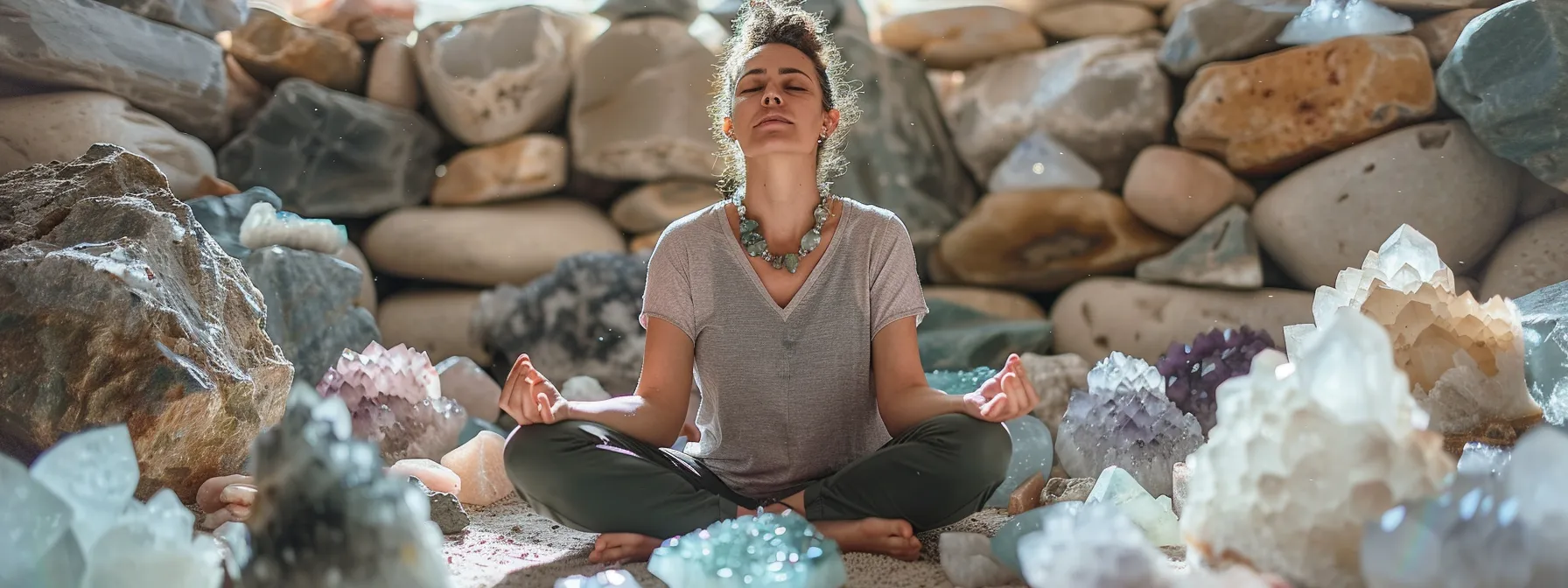 a person surrounded by crystals and stones, practicing yoga with eyes closed in deep meditation to balance and align their chakras for enhanced well-being.