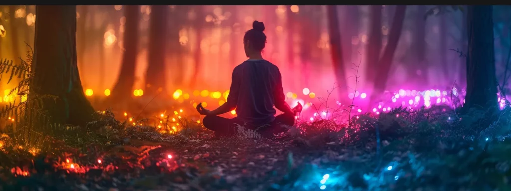 a serene figure surrounded by glowing, colorful lights meditating in a peaceful, misty forest clearing.