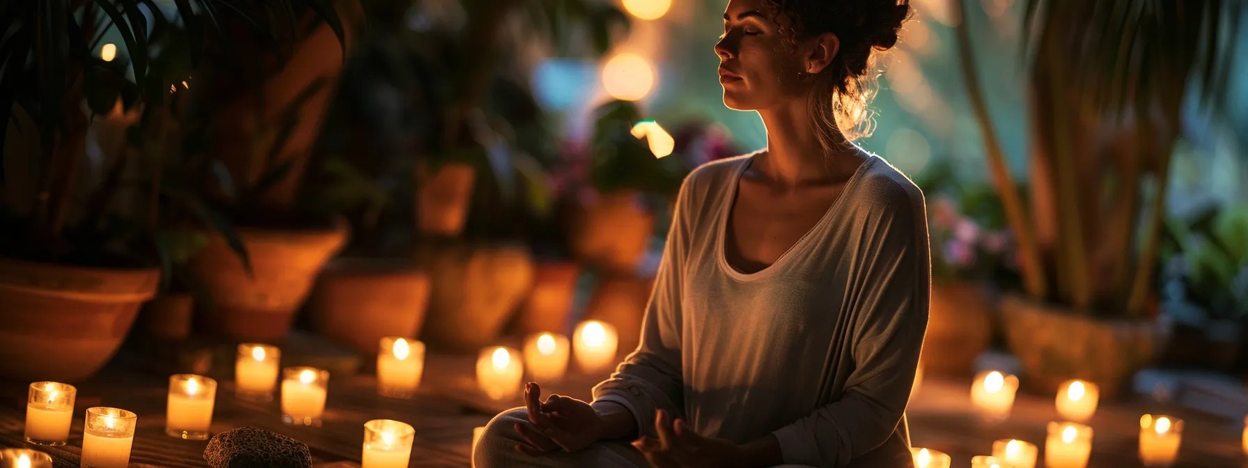 a serene figure surrounded by soft candlelight, practicing deep breathing exercises in a tranquil space to enhance their mental clarity and connection to their inner self.