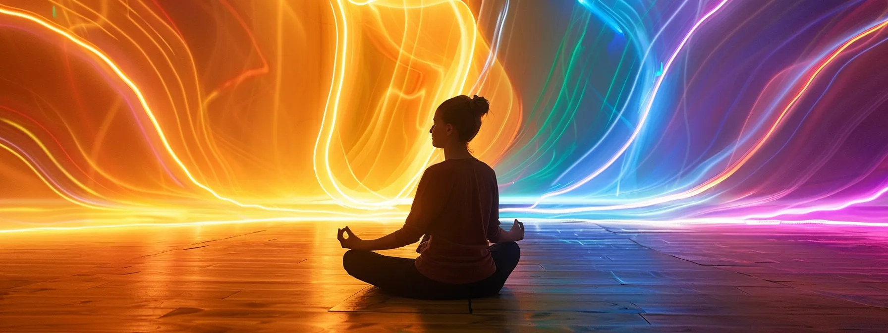 a serene image of a person sitting cross-legged in a peaceful setting, surrounded by colorful swirling lights representing the energy of different chakras during meditation.