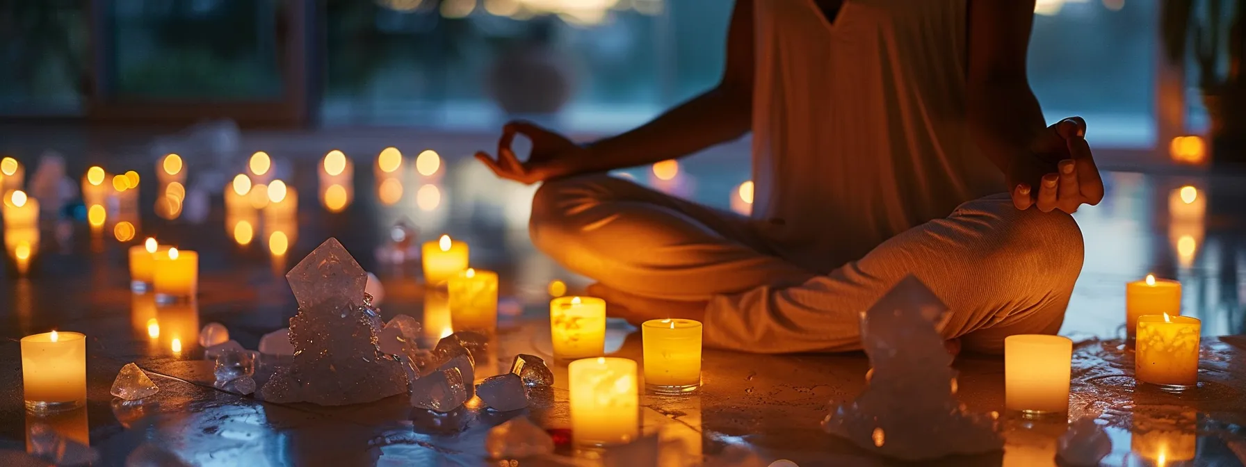 a serene individual meditating in a peaceful room filled with soft candlelight and vibrant chakra crystals, symbolizing the integration of ancient chakra work with modern wellness practices.