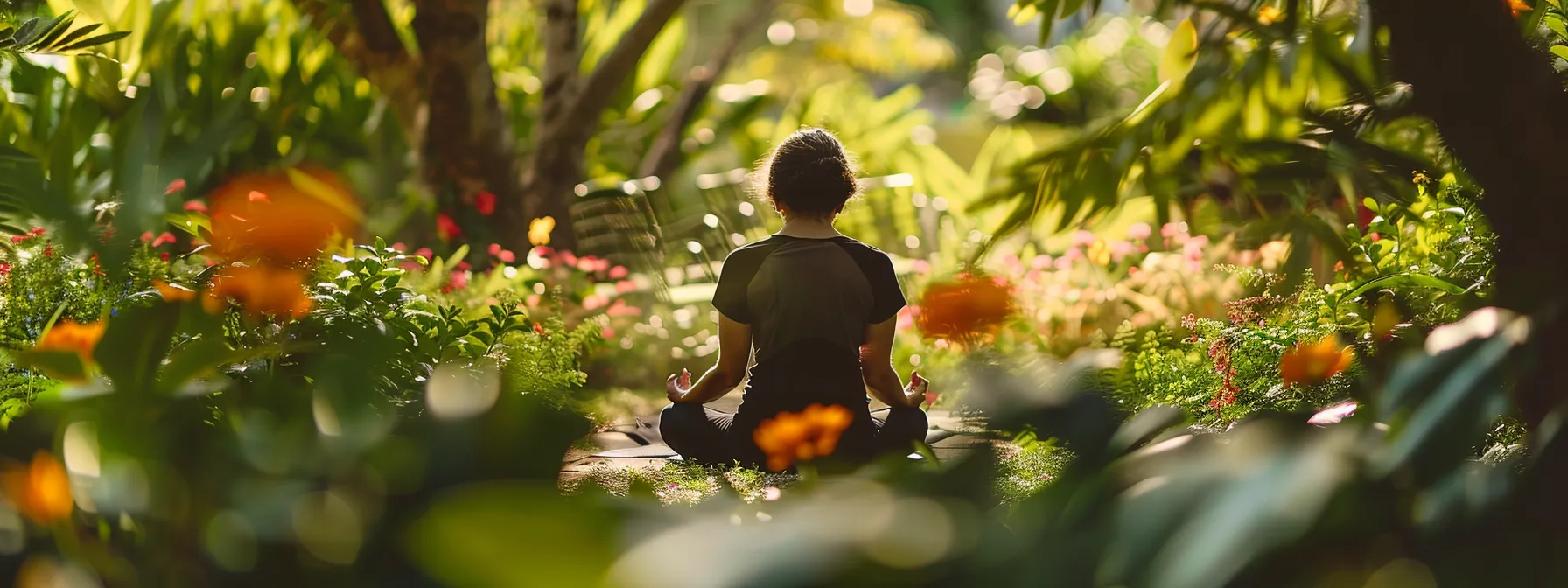 a serene individual practicing grounding techniques in a lush garden, surrounded by vibrant flowers and gently swaying trees.