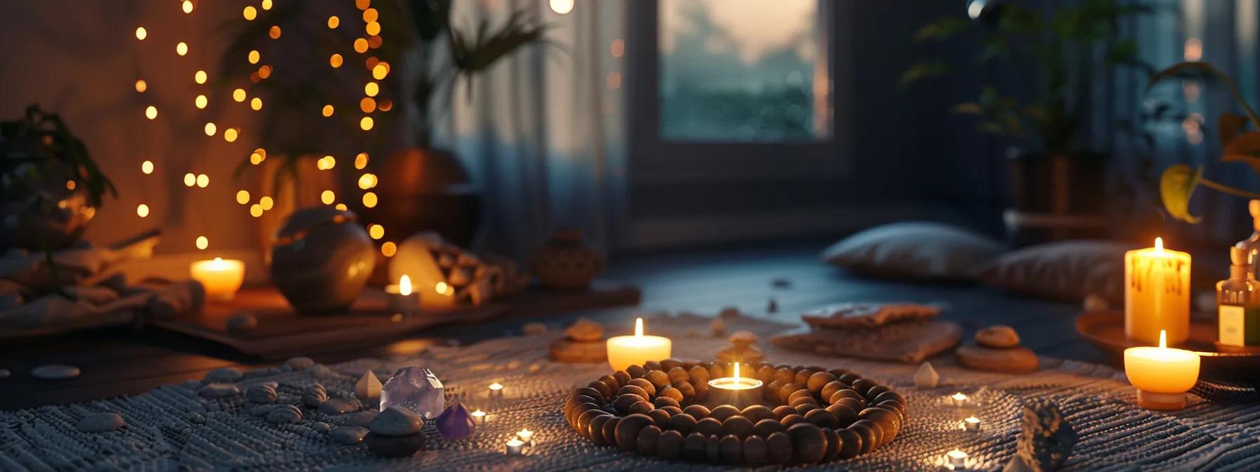 a serene meditation space adorned with incense and crystals, where a rudraksha mala is being cleansed and energized under the soft glow of candlelight.