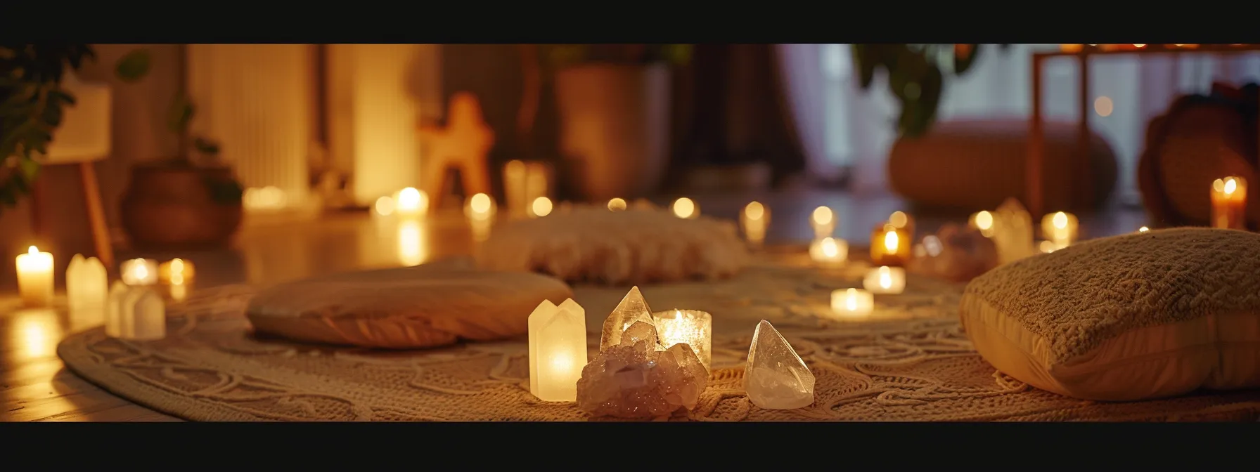 a serene room filled with candles, crystals, and soft cushions, reflecting a peaceful and harmonious atmosphere ideal for embarking on a kundalini journey.