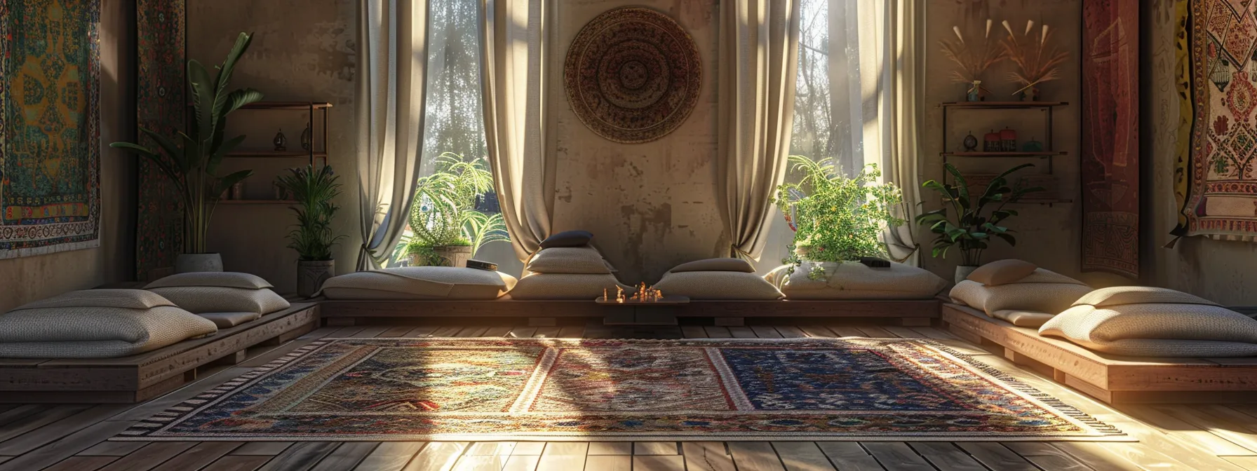 a serene room with soft lighting, colorful tapestries, and a cushioned meditation mat, creating the perfect space for chakra meditation.