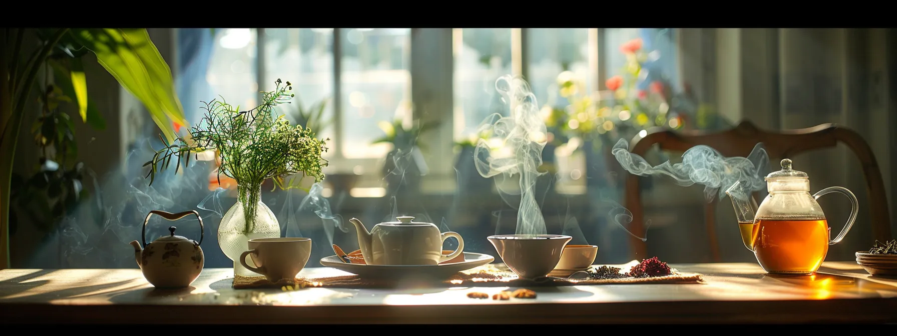 a serene table set with herbal teas, light foods, and natural elixirs under soft, diffused lighting to enhance spiritual clarity and connection through the crown chakra.