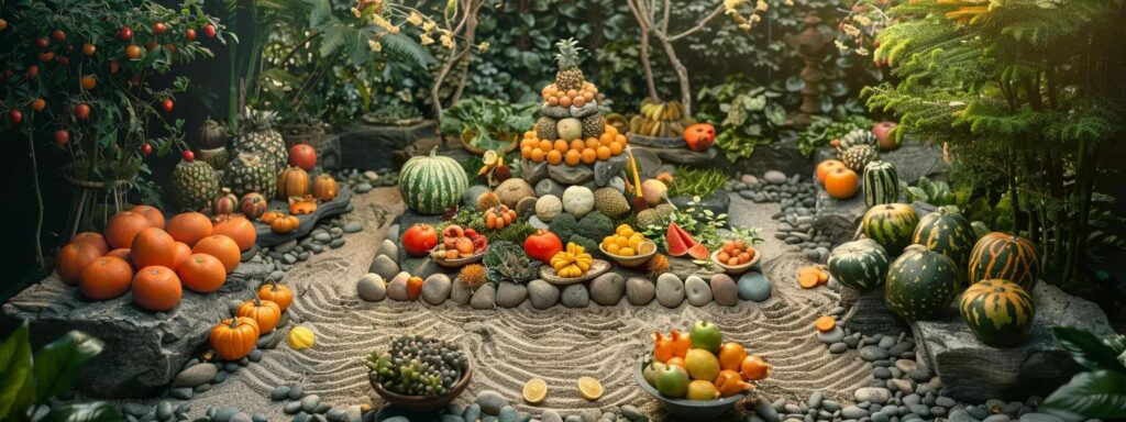 a vibrant array of colorful fruits and vegetables neatly arranged in a soothing zen garden setting.