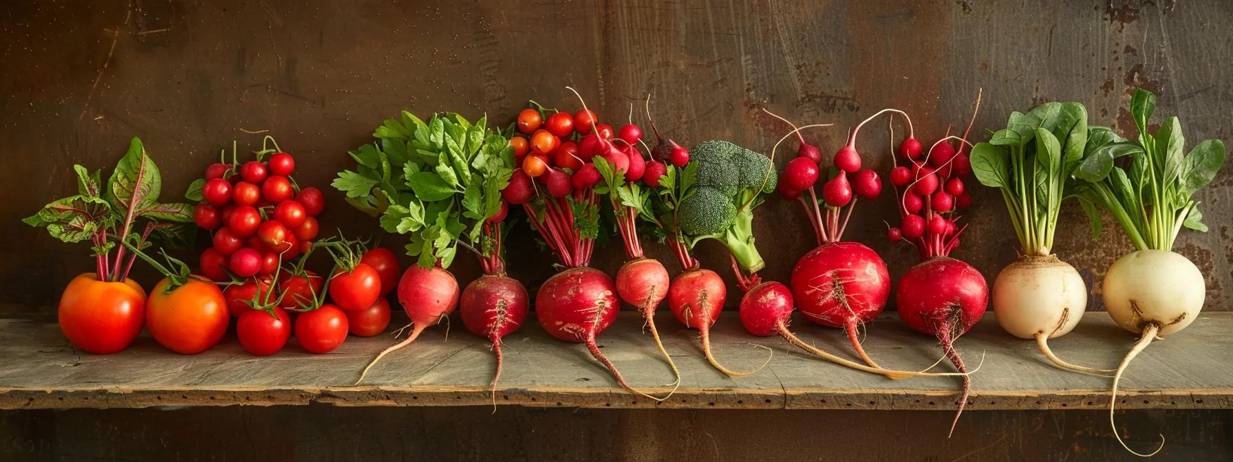 a vibrant array of red fruits and root vegetables displayed on a wooden table, symbolizing grounding and stability for the root chakra.