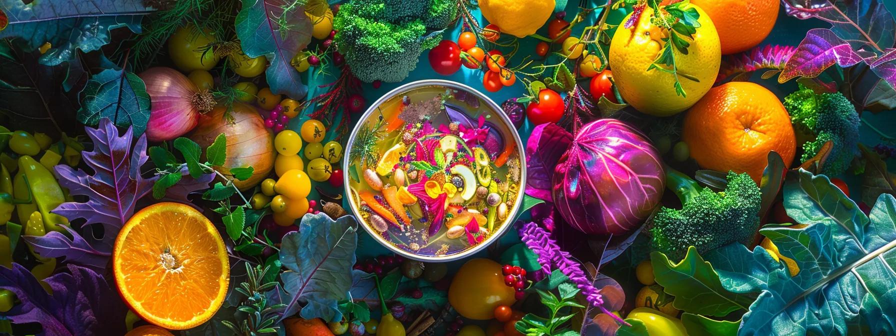 a vibrant bowl of nutrient-rich, colorful soup surrounded by fresh vegetables, herbs, and spices, symbolizing the revitalization of the sacral chakra through dietary choices.